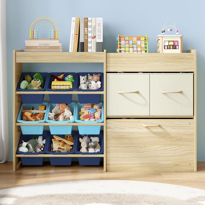 Toy Storage Organizer with Stuffed Animal Holder, Solid Wood Kids Toy Shelf with 2 Drawers, Rolling Toy Chest and Top Rack, Plush Toy Storage for Bedroom, Playroom, Nursery