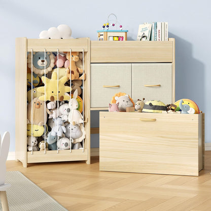 Toy Storage Organizer with Stuffed Animal Holder, Solid Wood Kids Toy Shelf with 2 Drawers, Rolling Toy Chest and Top Rack, Plush Toy Storage for Bedroom, Playroom, Nursery