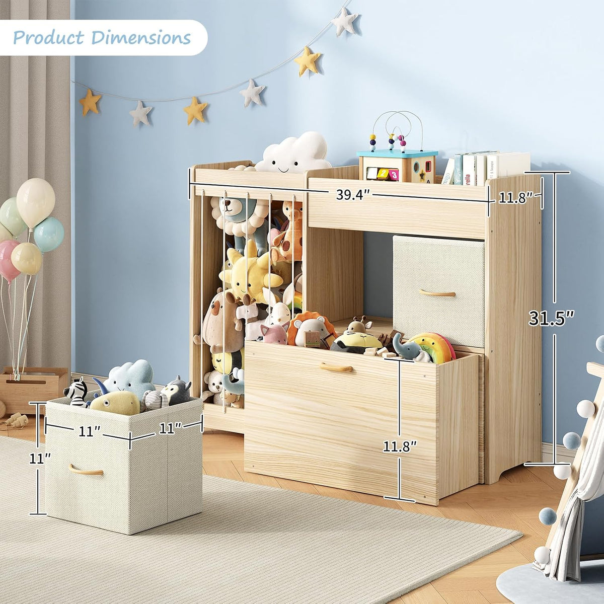 Toy Storage Organizer with Stuffed Animal Holder, Solid Wood Kids Toy Shelf with 2 Drawers, Rolling Toy Chest and Top Rack, Plush Toy Storage for Bedroom, Playroom, Nursery