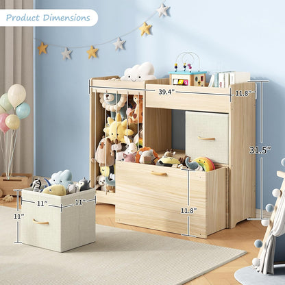 Toy Storage Organizer with Stuffed Animal Holder, Solid Wood Kids Toy Shelf with 2 Drawers, Rolling Toy Chest and Top Rack, Plush Toy Storage for Bedroom, Playroom, Nursery