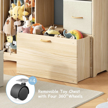 Toy Storage Organizer with Stuffed Animal Holder, Solid Wood Kids Toy Shelf with 2 Drawers, Rolling Toy Chest and Top Rack, Plush Toy Storage for Bedroom, Playroom, Nursery