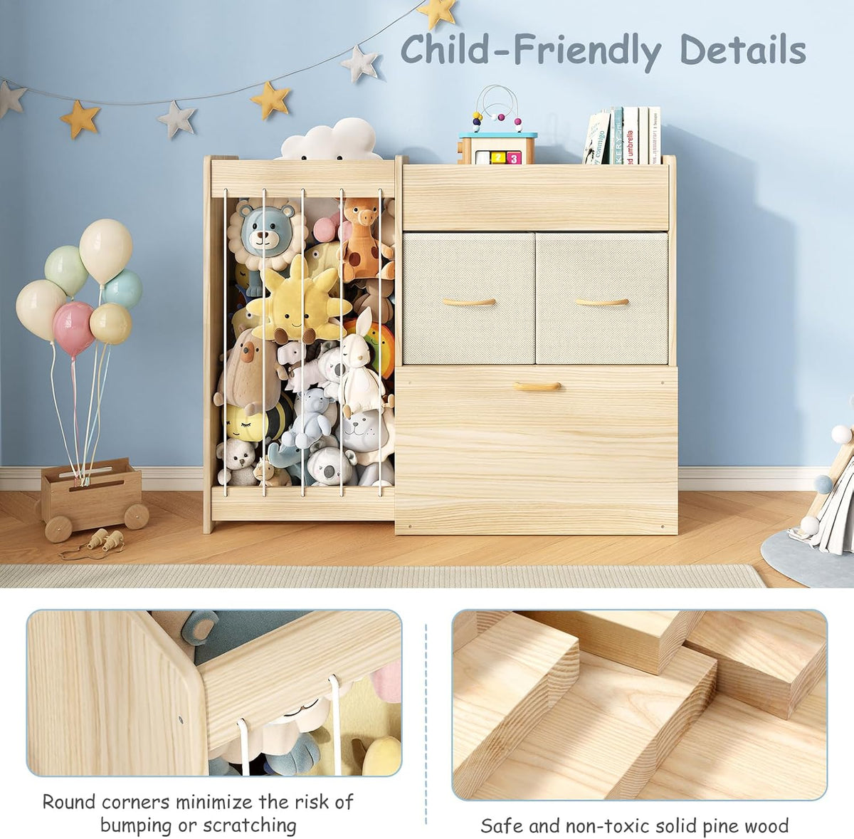 Toy Storage Organizer with Stuffed Animal Holder, Solid Wood Kids Toy Shelf with 2 Drawers, Rolling Toy Chest and Top Rack, Plush Toy Storage for Bedroom, Playroom, Nursery