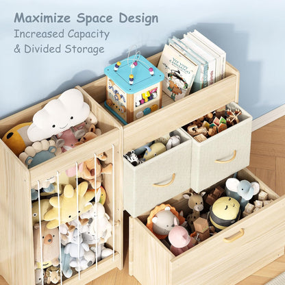 Toy Storage Organizer with Stuffed Animal Holder, Solid Wood Kids Toy Shelf with 2 Drawers, Rolling Toy Chest and Top Rack, Plush Toy Storage for Bedroom, Playroom, Nursery