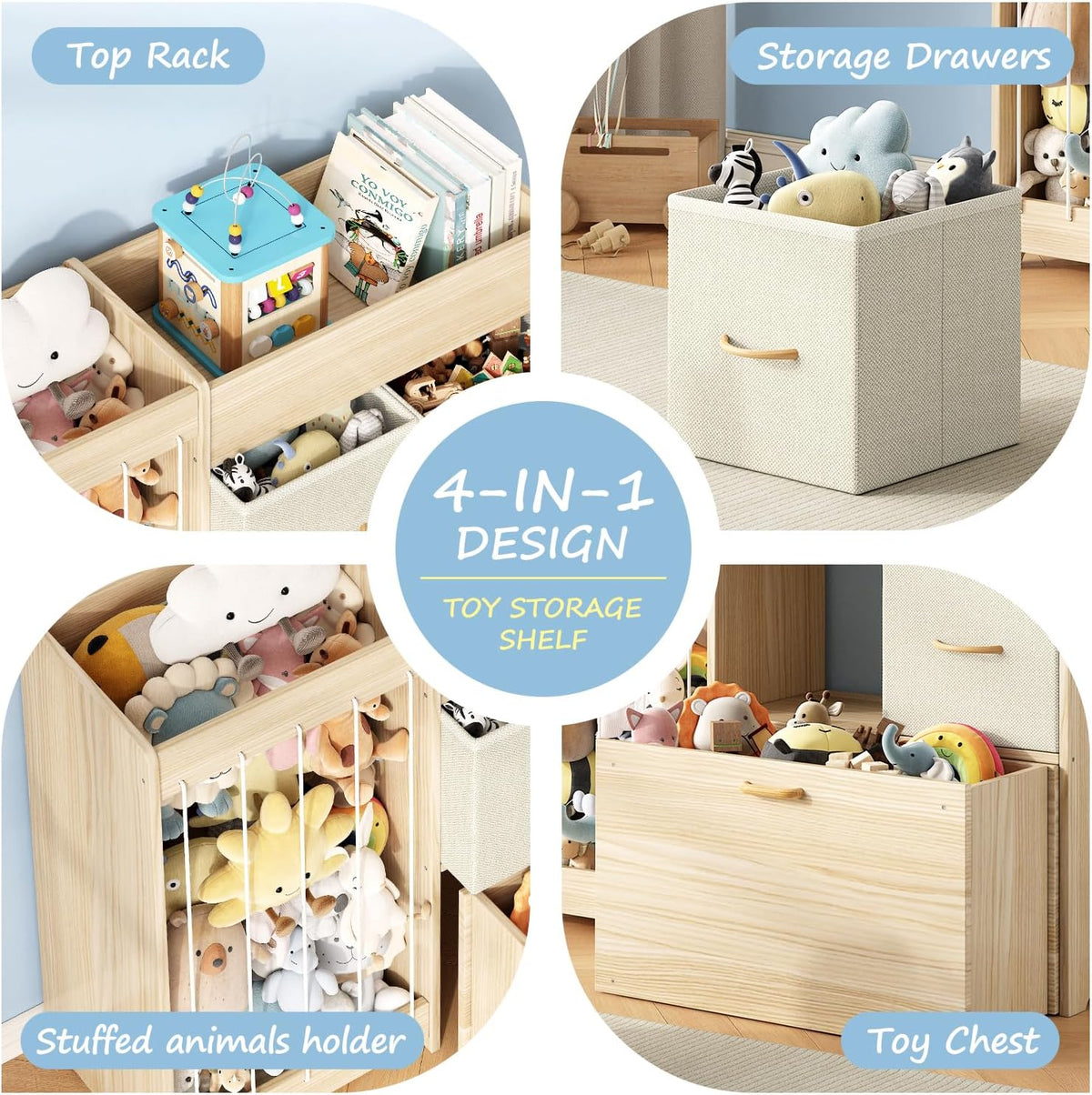 Toy Storage Organizer with Stuffed Animal Holder, Solid Wood Kids Toy Shelf with 2 Drawers, Rolling Toy Chest and Top Rack, Plush Toy Storage for Bedroom, Playroom, Nursery