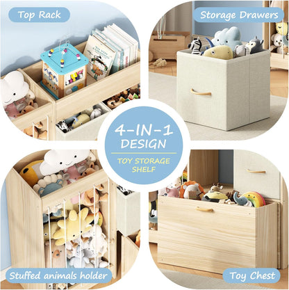 Toy Storage Organizer with Stuffed Animal Holder, Solid Wood Kids Toy Shelf with 2 Drawers, Rolling Toy Chest and Top Rack, Plush Toy Storage for Bedroom, Playroom, Nursery
