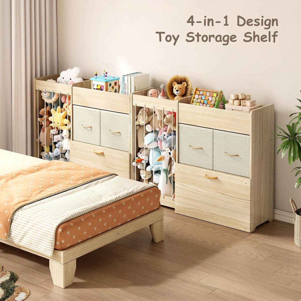 Toy Storage Organizer with Stuffed Animal Holder, Solid Wood Kids Toy Shelf with 2 Drawers, Rolling Toy Chest and Top Rack, Plush Toy Storage for Bedroom, Playroom, Nursery