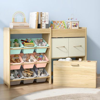 Toy Storage Organizer with Stuffed Animal Holder, Solid Wood Kids Toy Shelf with 2 Drawers, Rolling Toy Chest and Top Rack, Plush Toy Storage for Bedroom, Playroom, Nursery