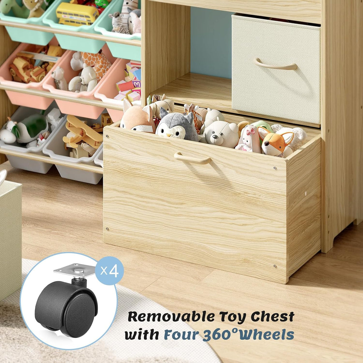 Toy Storage Organizer with Stuffed Animal Holder, Solid Wood Kids Toy Shelf with 2 Drawers, Rolling Toy Chest and Top Rack, Plush Toy Storage for Bedroom, Playroom, Nursery