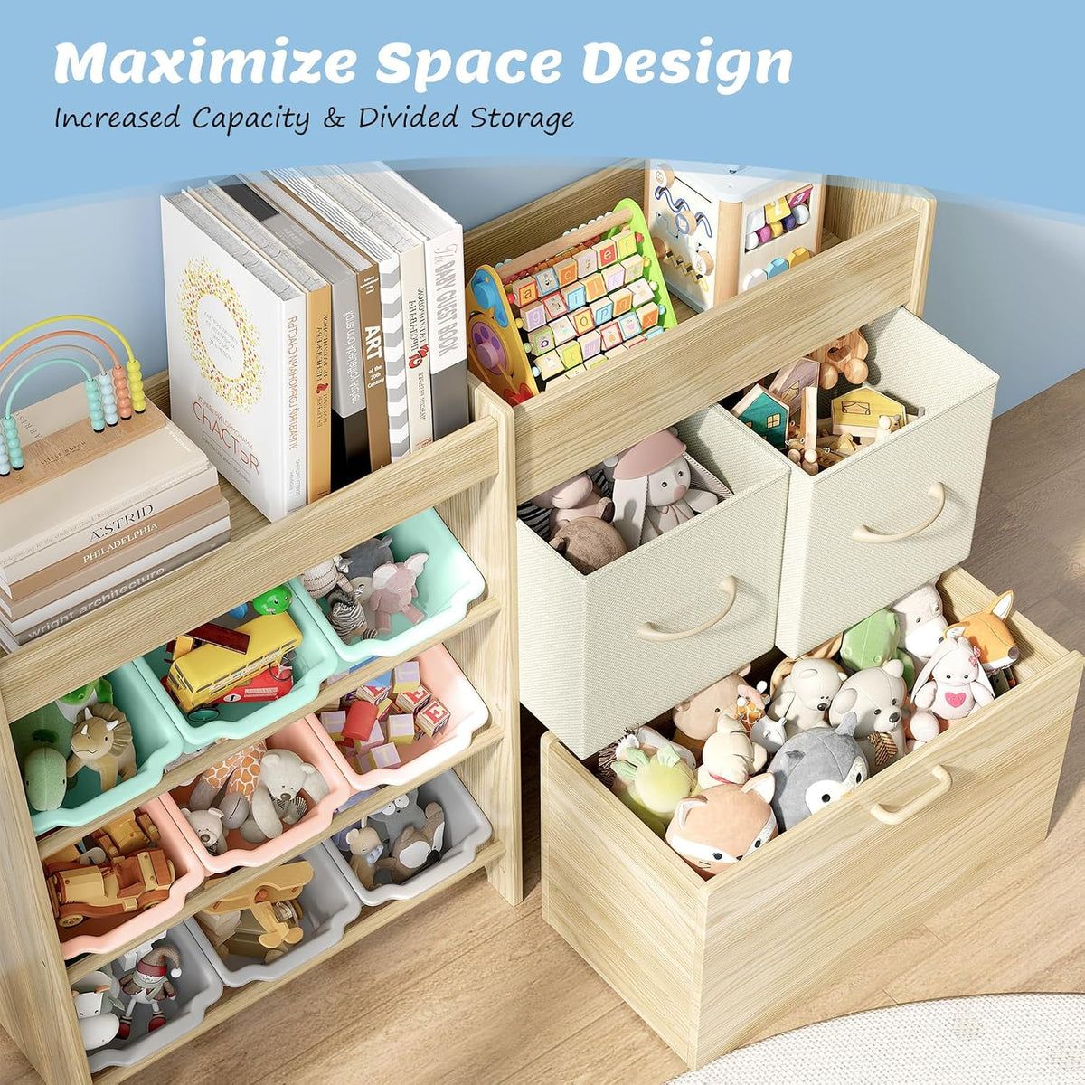 Toy Storage Organizer with Stuffed Animal Holder, Solid Wood Kids Toy Shelf with 2 Drawers, Rolling Toy Chest and Top Rack, Plush Toy Storage for Bedroom, Playroom, Nursery