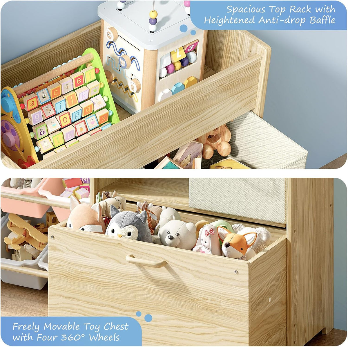 Toy Storage Organizer with Stuffed Animal Holder, Solid Wood Kids Toy Shelf with 2 Drawers, Rolling Toy Chest and Top Rack, Plush Toy Storage for Bedroom, Playroom, Nursery