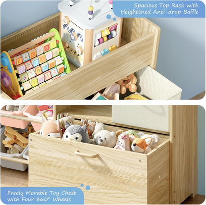Toy Storage Organizer with Stuffed Animal Holder, Solid Wood Kids Toy Shelf with 2 Drawers, Rolling Toy Chest and Top Rack, Plush Toy Storage for Bedroom, Playroom, Nursery