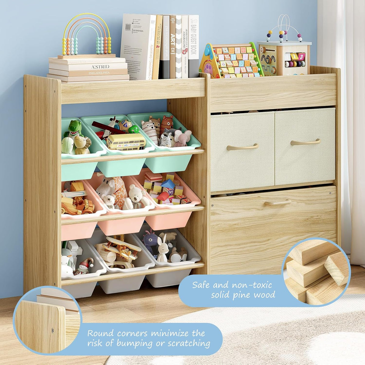Toy Storage Organizer with Stuffed Animal Holder, Solid Wood Kids Toy Shelf with 2 Drawers, Rolling Toy Chest and Top Rack, Plush Toy Storage for Bedroom, Playroom, Nursery