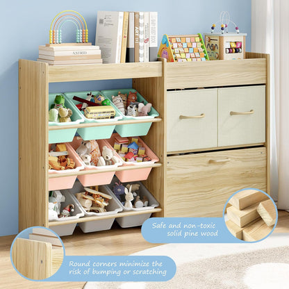 Toy Storage Organizer with Stuffed Animal Holder, Solid Wood Kids Toy Shelf with 2 Drawers, Rolling Toy Chest and Top Rack, Plush Toy Storage for Bedroom, Playroom, Nursery