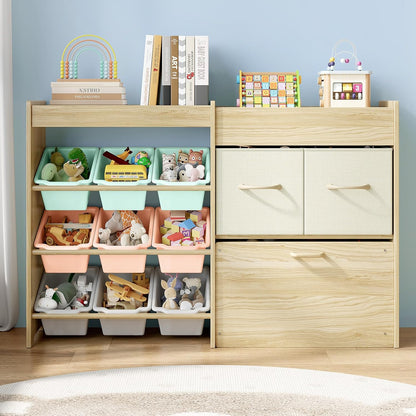 Toy Storage Organizer with Stuffed Animal Holder, Solid Wood Kids Toy Shelf with 2 Drawers, Rolling Toy Chest and Top Rack, Plush Toy Storage for Bedroom, Playroom, Nursery