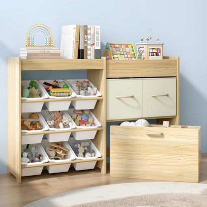 Toy Storage Organizer with Stuffed Animal Holder, Solid Wood Kids Toy Shelf with 2 Drawers, Rolling Toy Chest and Top Rack, Plush Toy Storage for Bedroom, Playroom, Nursery