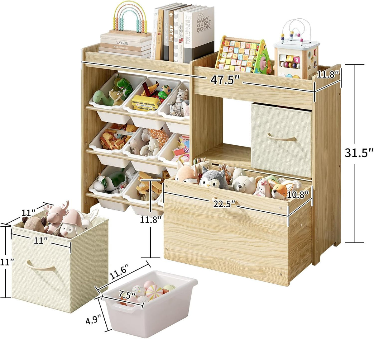 Toy Storage Organizer with Stuffed Animal Holder, Solid Wood Kids Toy Shelf with 2 Drawers, Rolling Toy Chest and Top Rack, Plush Toy Storage for Bedroom, Playroom, Nursery