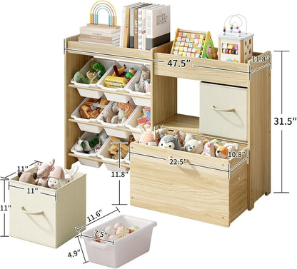 Toy Storage Organizer with Stuffed Animal Holder, Solid Wood Kids Toy Shelf with 2 Drawers, Rolling Toy Chest and Top Rack, Plush Toy Storage for Bedroom, Playroom, Nursery