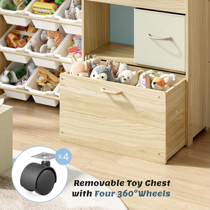 Toy Storage Organizer with Stuffed Animal Holder, Solid Wood Kids Toy Shelf with 2 Drawers, Rolling Toy Chest and Top Rack, Plush Toy Storage for Bedroom, Playroom, Nursery