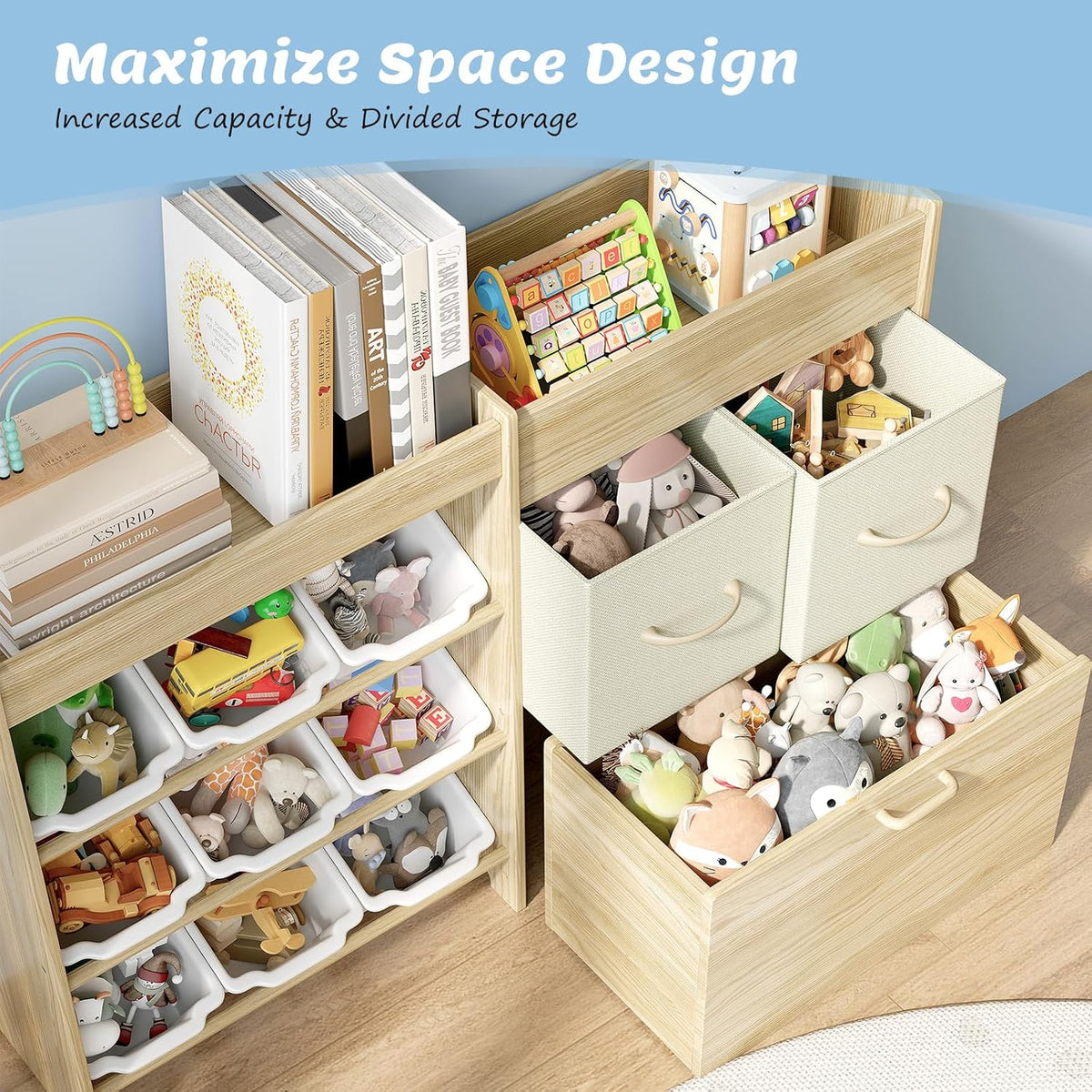 Toy Storage Organizer with Stuffed Animal Holder, Solid Wood Kids Toy Shelf with 2 Drawers, Rolling Toy Chest and Top Rack, Plush Toy Storage for Bedroom, Playroom, Nursery