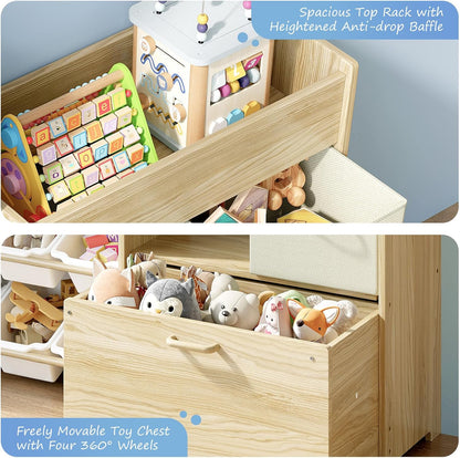 Toy Storage Organizer with Stuffed Animal Holder, Solid Wood Kids Toy Shelf with 2 Drawers, Rolling Toy Chest and Top Rack, Plush Toy Storage for Bedroom, Playroom, Nursery