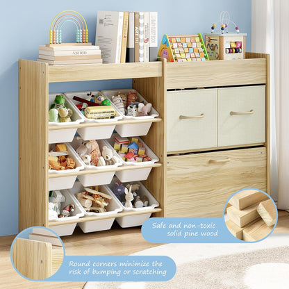 Toy Storage Organizer with Stuffed Animal Holder, Solid Wood Kids Toy Shelf with 2 Drawers, Rolling Toy Chest and Top Rack, Plush Toy Storage for Bedroom, Playroom, Nursery