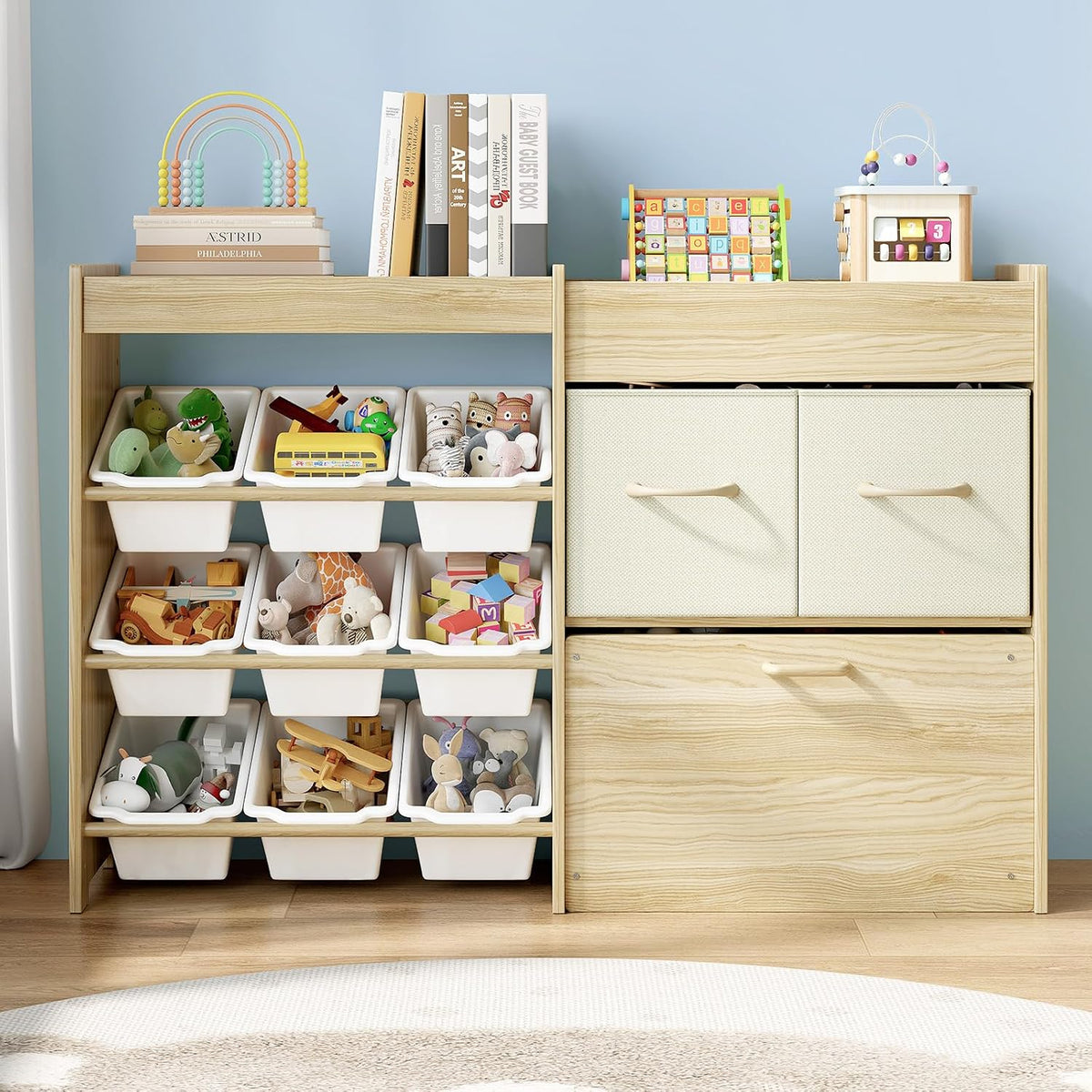 Toy Storage Organizer with Stuffed Animal Holder, Solid Wood Kids Toy Shelf with 2 Drawers, Rolling Toy Chest and Top Rack, Plush Toy Storage for Bedroom, Playroom, Nursery