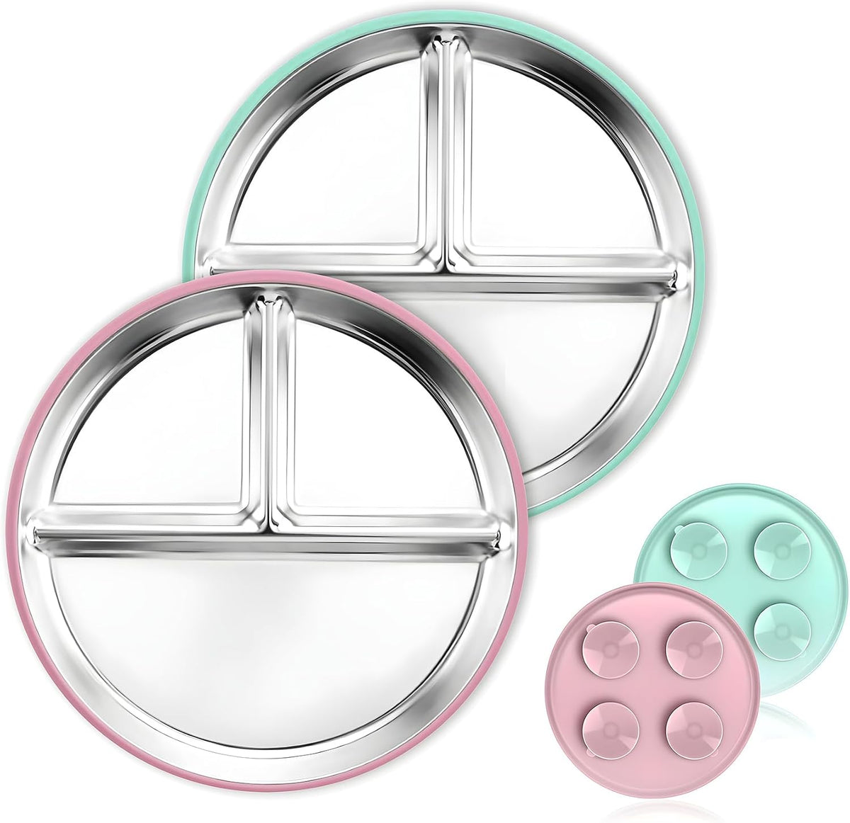2 Pcs Stainless Steel Toddler Plate with Suction,Metal Toddler Divided Plates with Removable Silicone Sleeves for Kids, Non Slip Unbreakable Baby Snack Dishes (Pink & Cyan)