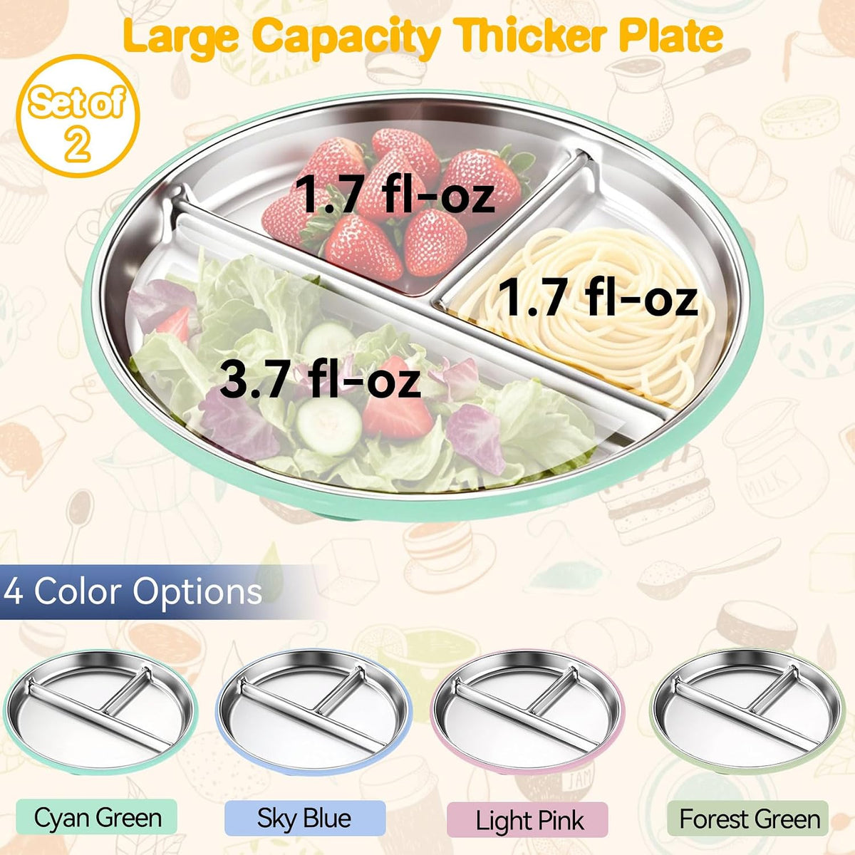 2 Pcs Stainless Steel Toddler Plate with Suction,Metal Toddler Divided Plates with Removable Silicone Sleeves for Kids, Non Slip Unbreakable Baby Snack Dishes (Pink & Cyan)