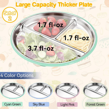 2 Pcs Stainless Steel Toddler Plate with Suction,Metal Toddler Divided Plates with Removable Silicone Sleeves for Kids, Non Slip Unbreakable Baby Snack Dishes (Pink & Cyan)