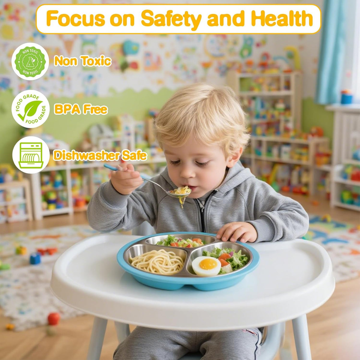 2 Pcs Stainless Steel Toddler Plate with Suction,Metal Toddler Divided Plates with Removable Silicone Sleeves for Kids, Non Slip Unbreakable Baby Snack Dishes (Pink & Cyan)