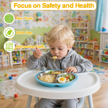 2 Pcs Stainless Steel Toddler Plate with Suction,Metal Toddler Divided Plates with Removable Silicone Sleeves for Kids, Non Slip Unbreakable Baby Snack Dishes (Pink & Cyan)