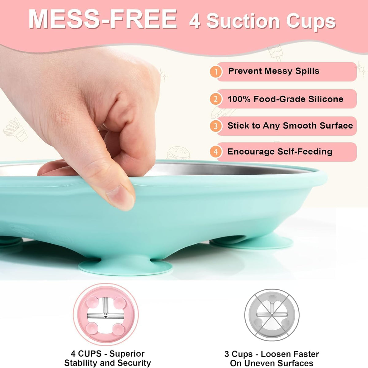 2 Pcs Stainless Steel Toddler Plate with Suction,Metal Toddler Divided Plates with Removable Silicone Sleeves for Kids, Non Slip Unbreakable Baby Snack Dishes (Pink & Cyan)