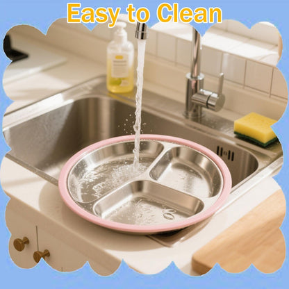 2 Pcs Stainless Steel Toddler Plate with Suction,Metal Toddler Divided Plates with Removable Silicone Sleeves for Kids, Non Slip Unbreakable Baby Snack Dishes (Pink & Cyan)