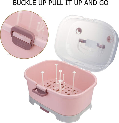 Baby Bottle Storage Box with Cover Portable Milk Bottle Case and Drying Rack for Home and Travel 13.8 X 9.8 X 9.8 Inches Organizer for Baby Supplies