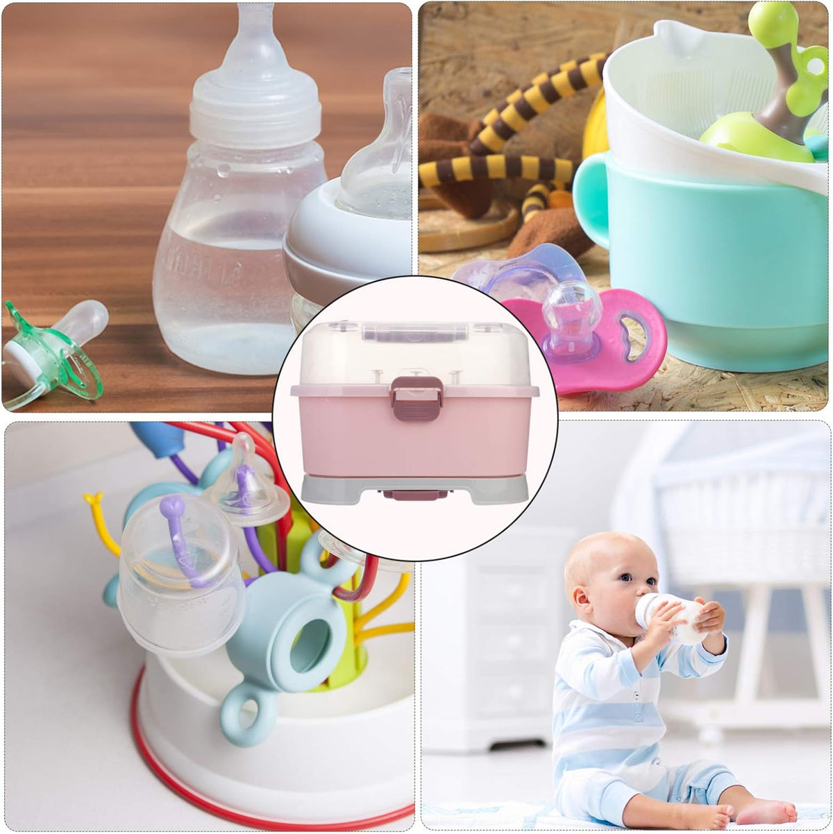 Baby Bottle Storage Box with Cover Portable Milk Bottle Case and Drying Rack for Home and Travel 13.8 X 9.8 X 9.8 Inches Organizer for Baby Supplies