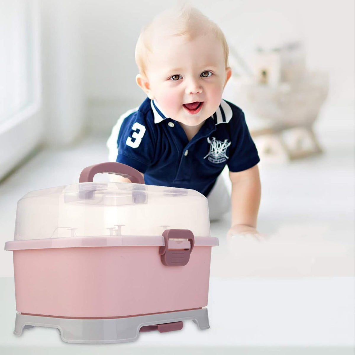 Baby Bottle Storage Box with Cover Portable Milk Bottle Case and Drying Rack for Home and Travel 13.8 X 9.8 X 9.8 Inches Organizer for Baby Supplies