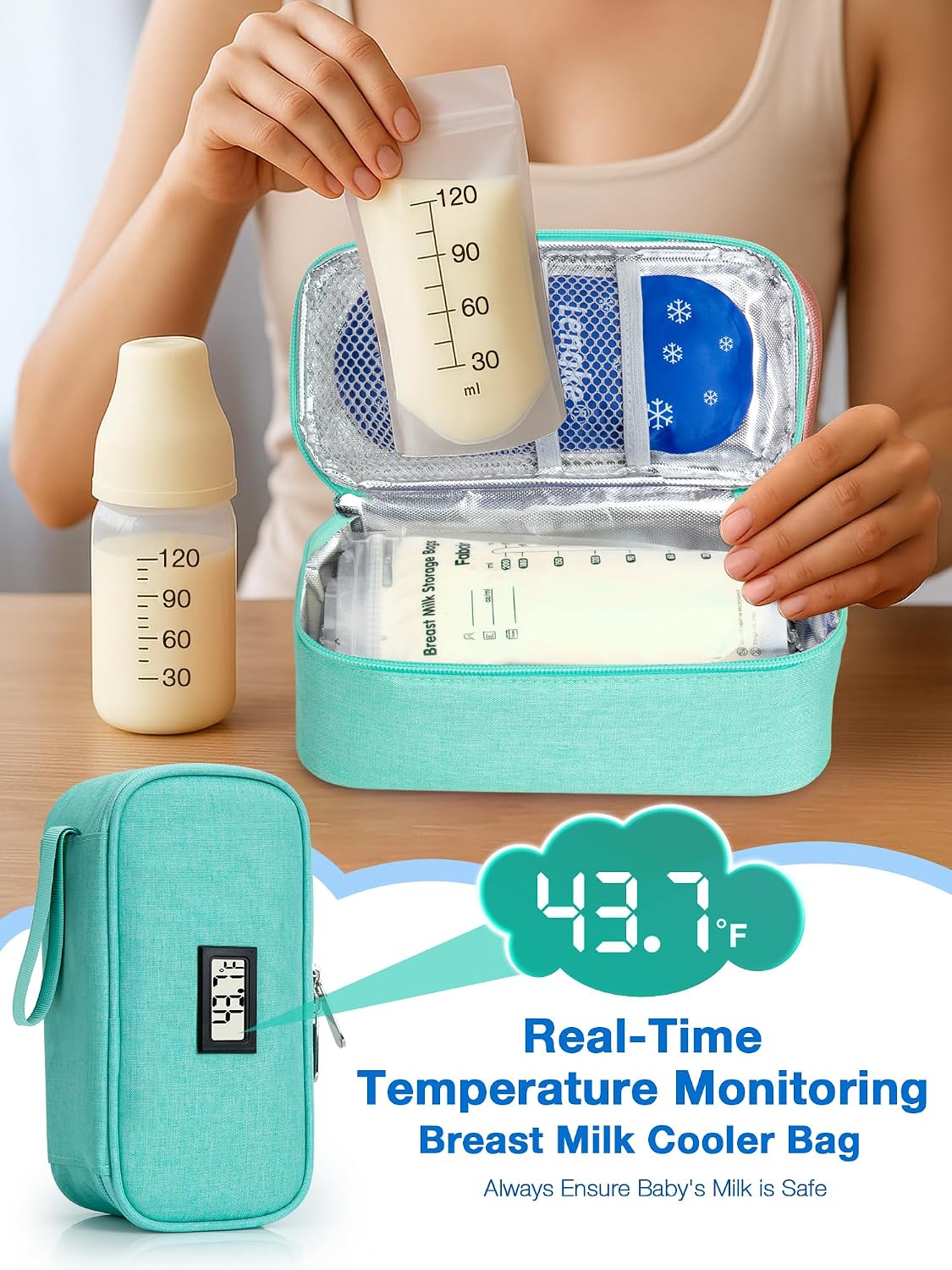 Breast Milk Cooler Bag with Real-Time Temperature Display, Portable Travel Breastmilk Storage Case, Includes 2 Reusable Ice Packs, for Pumping Moms on The Go (Pink)