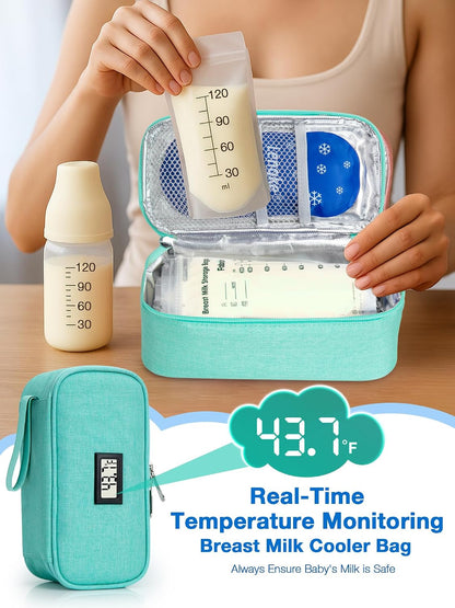 Breast Milk Cooler Bag with Real-Time Temperature Display, Portable Travel Breastmilk Storage Case, Includes 2 Reusable Ice Packs, for Pumping Moms on The Go (Pink)