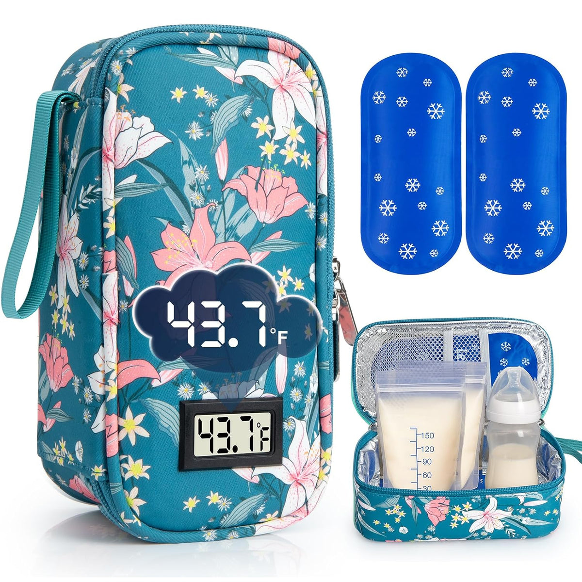 Breast Milk Cooler Bag with Real-Time Temperature Display, Portable Travel Breastmilk Storage Case, Includes 2 Reusable Ice Packs, for Pumping Moms on The Go (Pink)