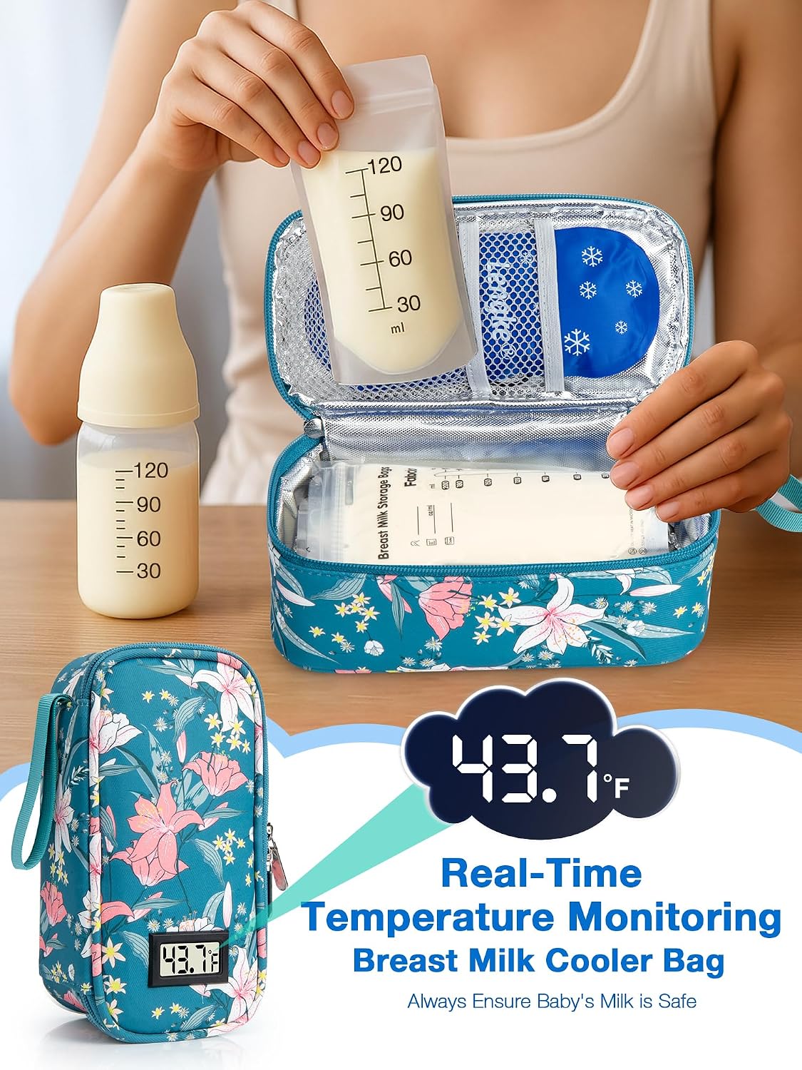 Breast Milk Cooler Bag with Real-Time Temperature Display, Portable Travel Breastmilk Storage Case, Includes 2 Reusable Ice Packs, for Pumping Moms on The Go (Pink)