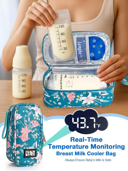 Breast Milk Cooler Bag with Real-Time Temperature Display, Portable Travel Breastmilk Storage Case, Includes 2 Reusable Ice Packs, for Pumping Moms on The Go (Pink)
