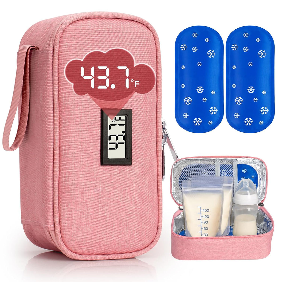 Breast Milk Cooler Bag with Real-Time Temperature Display, Portable Travel Breastmilk Storage Case, Includes 2 Reusable Ice Packs, for Pumping Moms on The Go (Pink)