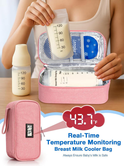 Breast Milk Cooler Bag with Real-Time Temperature Display, Portable Travel Breastmilk Storage Case, Includes 2 Reusable Ice Packs, for Pumping Moms on The Go (Pink)