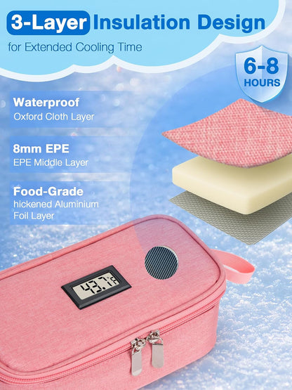 Breast Milk Cooler Bag with Real-Time Temperature Display, Portable Travel Breastmilk Storage Case, Includes 2 Reusable Ice Packs, for Pumping Moms on The Go (Pink)