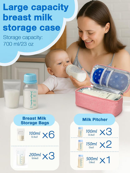 Breast Milk Cooler Bag with Real-Time Temperature Display, Portable Travel Breastmilk Storage Case, Includes 2 Reusable Ice Packs, for Pumping Moms on The Go (Pink)