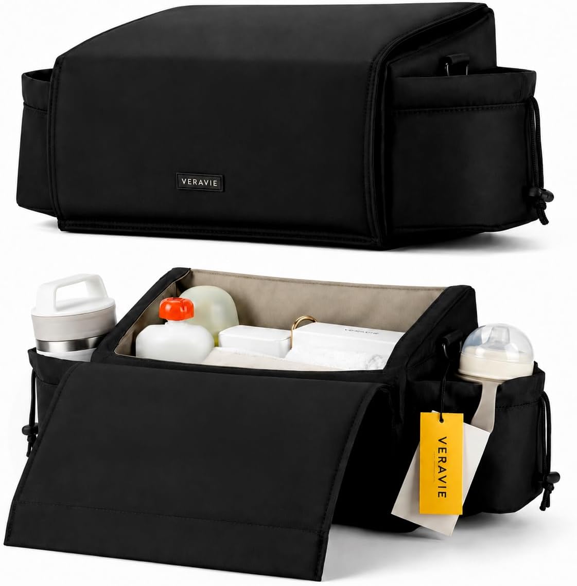VERAVIE Extra Large Stroller Caddy Organizer Storage Bag, Cup Holders