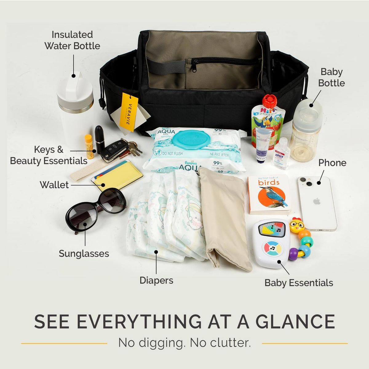 VERAVIE Extra Large Stroller Caddy Organizer Storage Bag, Cup Holders