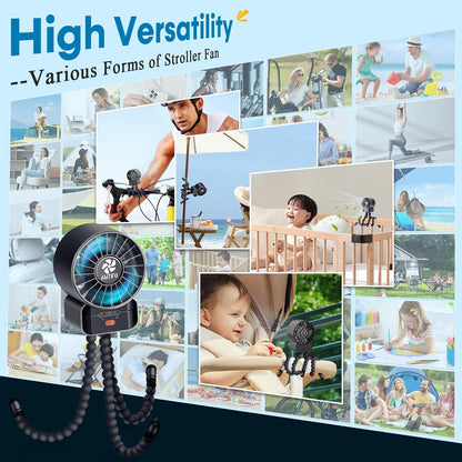 Portable Stroller Fan - 4-Speed Rechargeable USB Fan, Quiet Clip-on Baby Fans for Stroller Crib and Travel - Compact & Battery-Operated Cooling Fans for Baby Comfort on the Go