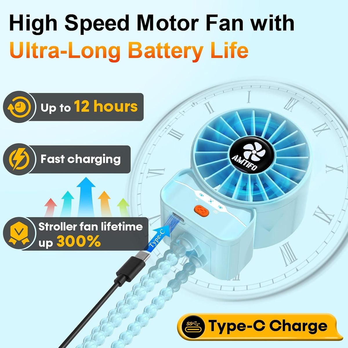 Portable Stroller Fan - 4-Speed Rechargeable USB Fan, Quiet Clip-on Baby Fans for Stroller Crib and Travel - Compact & Battery-Operated Cooling Fans for Baby Comfort on the Go