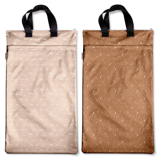 Reusable Hanging Wet Dry Bags for Baby Items, Cloth Diapers, Swimsuits, Travel, Gym Clothes, Beach, Pump Parts, Toiletries, Two Zippered Pockets, 2 Pack (W004L)